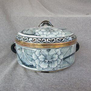 Maitland-Smith Ltd candy trinket bowl dish with lid blue floral (w3323)